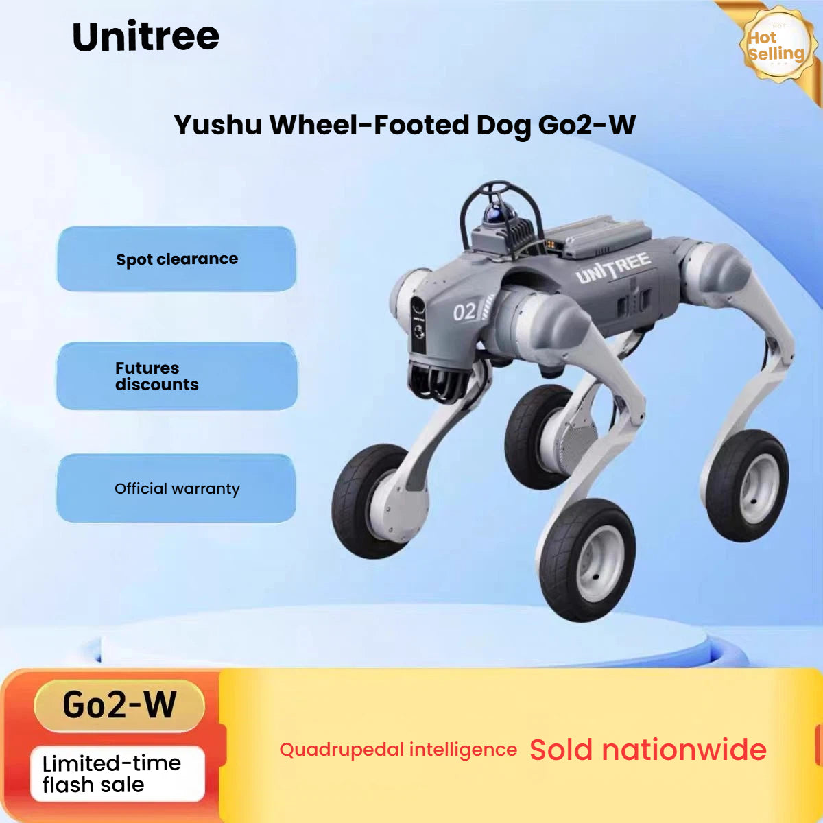 كلب روبوت Unitree Go2 W متعدد التضاريس، مصنوع من سبيكة معدنية، يتميز بدوران 360 درجة وقدرة على المشي في مختلف أنواع التضاريس، مثالي للعروض التوضيحية. 