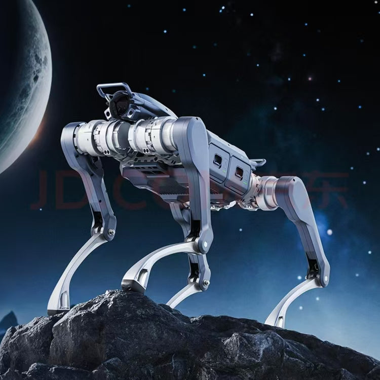 A side-view panoramic view of the Unitree A2 robot dog, showcasing its compact mechanical structure and agile movements.
