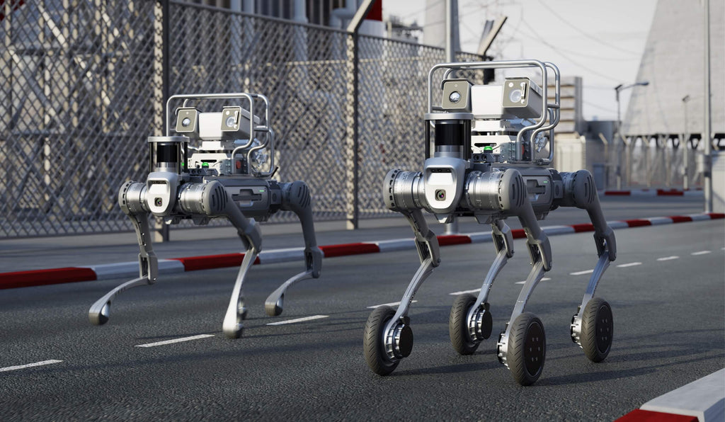The Unitree B2 W robot is in its standard outdoor operation posture, and its body is equipped with industrial warning labels and functional module interfaces.