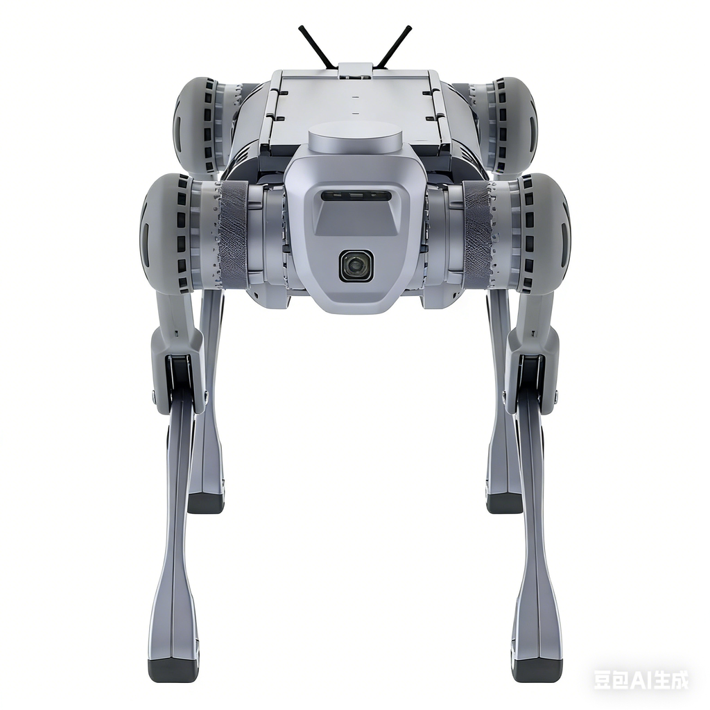 The Unitree B2 quadruped robot (robot dog) is shown in its standard silver-gray body, featuring a compact and simple design.