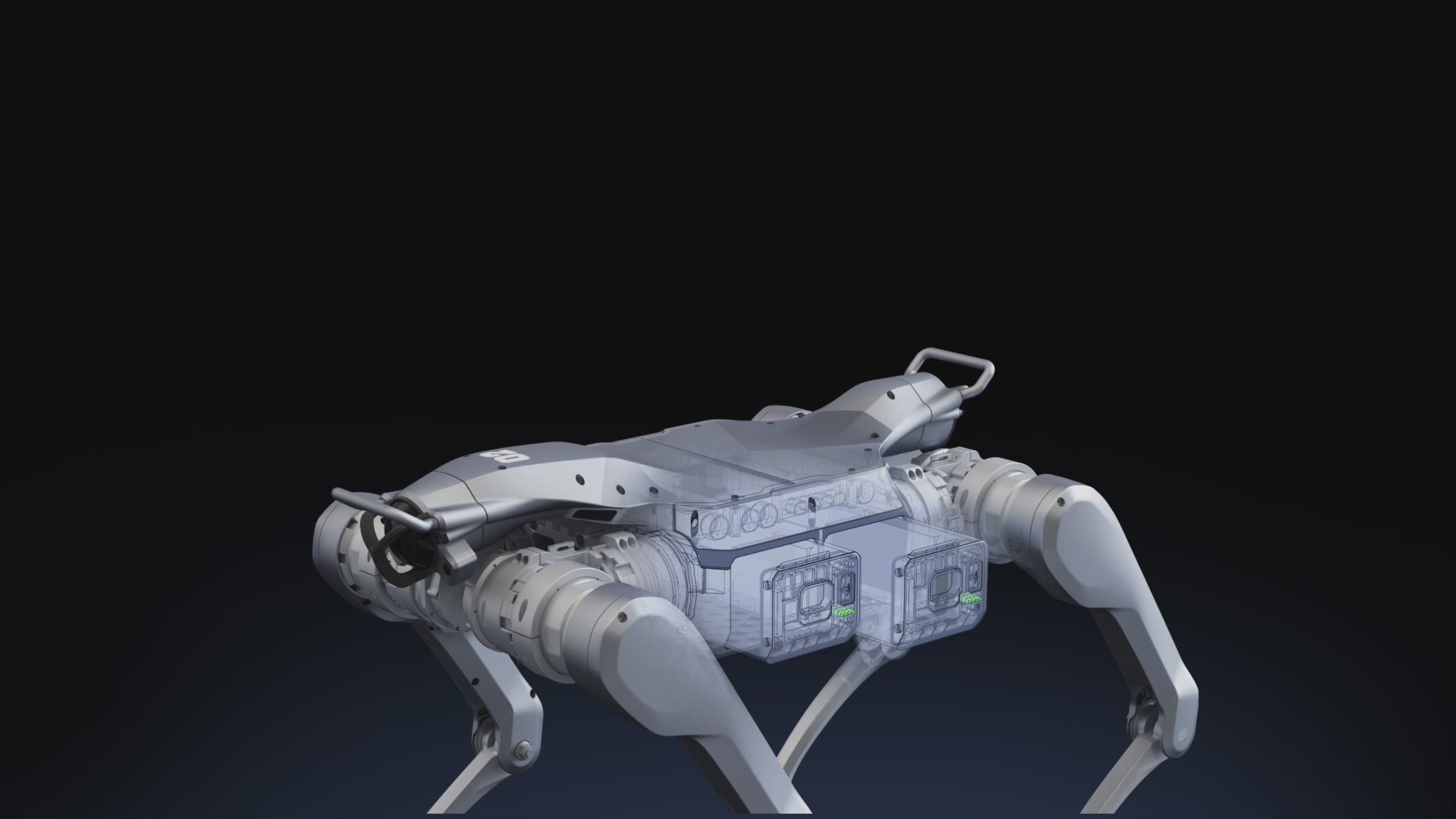 The Unitree A2 robot dog runs and jumps while carrying a load in complex outdoor terrain, creating a dynamic visual experience.